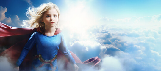 Superhero Superwoman Girl Portrait Flying in the Blue Sky Banner - obrazy, fototapety, plakaty