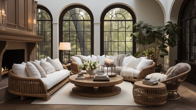 Position a loveseat and swivel chairs around a round coffee table for flexible conversation