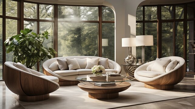 Position a loveseat and swivel chairs around a round coffee table for flexible conversation