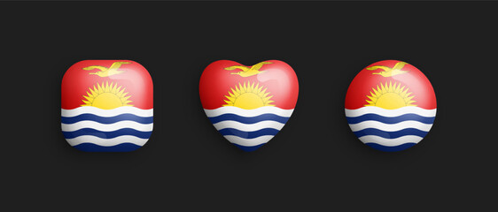 Kiribati Official National Flag 3D Vector Glossy Icons In Rounded Square, Heart And Circle Shape Isolated On Black Backdrop. Sign And Symbols Graphic Design Elements Volumetric Buttons Collection