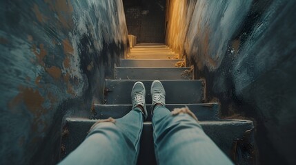 Ascending Endlessly: Person Climbing Staircase in Ultra-Realistic 8K | Captured with DSLR Zoom Lens, Symbolizing Endless Struggle and Perseverance in Overcoming the Uphill Battle
