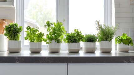  a row of potted plants sitting on top of a counter next to a white vase filled with green leafy plants on top of a counter next to a window sill.