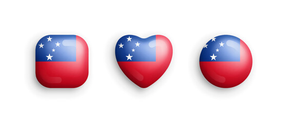 Samoa Official National Flag 3D Vector Glossy Icons In Rounded Square, Heart And Circle Shape Isolate On White Background. Samoan Sign And Symbols Graphic Design Elements Volumetric Buttons Collection
