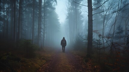 Wandering Through Mental Fog: Person in Foggy Forest in Ultra-Realistic 8K | Captured with Smartphone Wide-Angle Lens, Reflecting Uncertainty and Being Lost in Thought While Navigating the Mental Fog - obrazy, fototapety, plakaty