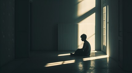Coping with Shadows: Person Amidst Darkness in Ultra-Realistic 8K | Captured with DSLR Telephoto Lens, Reflecting Isolation and Feeling Overwhelmed by Shadows of the Mind in Empty Room