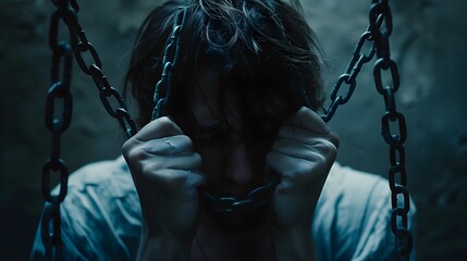 The Weight of Depression: Person Enshrouded in Heavy Chains in Ultra-Realistic 8K | Filmed with Film Camera Telephoto Lens, Symbolizing Burdened Emotions and Constrained Spirit - obrazy, fototapety, plakaty