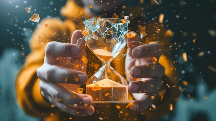 Time's Toll: Person Holding Broken Hourglass in Ultra-Realistic 8K | Captured with Smartphone Wide-Angle Lens, Illustrating Time Slipping Away and Fragmented Moments, Reflecting Time's Impact on Menta - obrazy, fototapety, plakaty