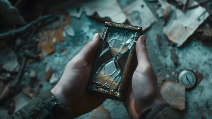 Time's Toll: Person Holding Broken Hourglass in Ultra-Realistic 8K | Captured with Smartphone Wide-Angle Lens, Illustrating Time Slipping Away and Fragmented Moments, Reflecting Time's Impact on Menta