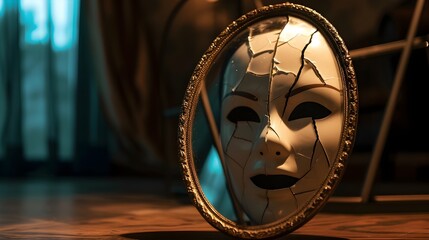 Deceptive Smiles: Cracked Mirror Reflecting Smiling Mask in Ultra-Realistic 8K | Captured with Film Camera Prime Lens, Concealing True Emotions and Hidden Pain
