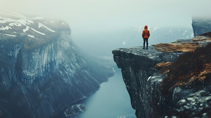 Leap of Contemplation: Person at Cliff's Edge, Ultra-Realistic 8K | Filmed with Film Camera Wide-Angle Lens, Symbolizing Symbolic Leap into Uncertainty Overlooking Abyss