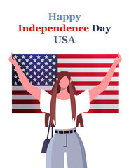 Patriotic young modern woman in casual clothes holding a USA flag. Happy Independence Day USA greeting card 4th of July.  Flat vector illustration isolated on white background. 