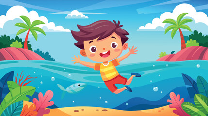 Obraz na płótnie Canvas Boy Enjoys a Joyful Leap Into Tropical Sea