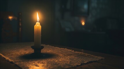 Flicker of Hope: Dimly Lit Room with Single Flickering Candle in Ultra-Realistic 8K | Captured with DSLR Zoom Lens, Portraying Fragile Flame and Subdued Light as Symbol of Hope in Darkness - obrazy, fototapety, plakaty