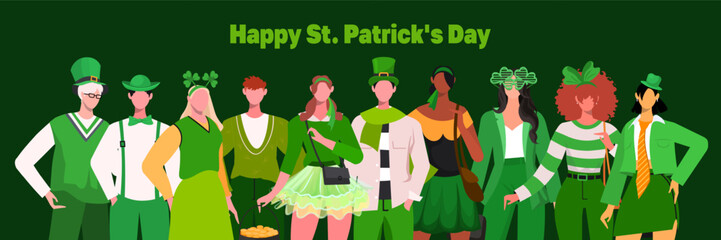 Happy St. Patrick Day Banner. A group of diverse people of different in green leprechaun hats and festive outfits in green colors celebrating St Patricks day. People stand side by side together.