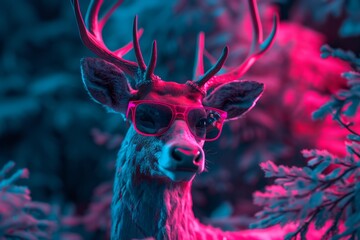 Art deer with sunglasses , in the style of surreal cyberpunk iconography, digital neon, vibrant pastels, naturalistic portraits, white and cyan. Modern fashion concept.