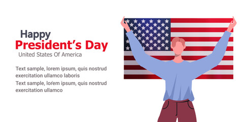 Young modern man holding American flag in his hands. Happy Presidents day. Modern concept for website development, social media, template web, banner and web internet ads. Flat vector illustration 