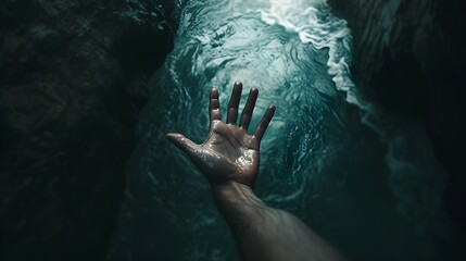 Loneliness Illustrated: Hand Reaching from Dark Abyss in Ultra-Realistic 8K | Captured with Smartphone Telephoto Lens, Depicting Struggle for Connection and Isolation - obrazy, fototapety, plakaty