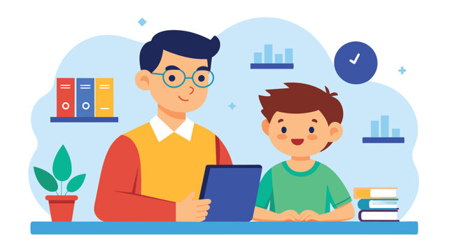 Adult Tutor Assisting Young Student With Tablet