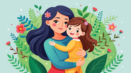 Mother and Daughter Embracing in a Floral Garden Vector Illustration