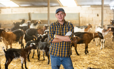Confident positive male farmer, engaged in breeding dairy goats, posing in goat shed ..