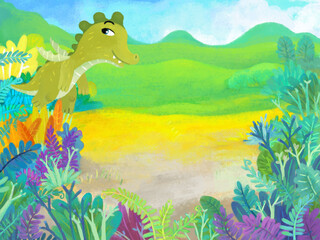 cartoon scene with forest jungle meadow wildlife with dragon dino dinosaur animal zoo scenery illustration for children © honeyflavour