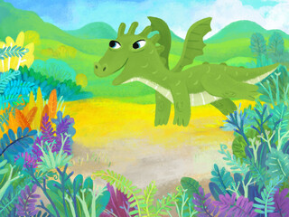 cartoon scene with forest jungle meadow wildlife with dragon dino dinosaur animal zoo scenery illustration for children © honeyflavour