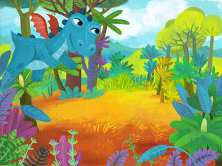 cartoon scene with forest jungle meadow wildlife with dragon dino dinosaur animal zoo scenery illustration for children © honeyflavour