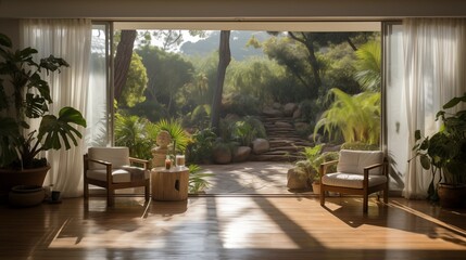 Utilize light and airy curtains on sliding glass doors leading to a patio for seamless indoor-outdoor connection with ample sunlight - obrazy, fototapety, plakaty