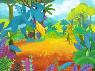 cartoon scene with forest jungle meadow wildlife with dragon dino dinosaur animal zoo scenery illustration for children © honeyflavour