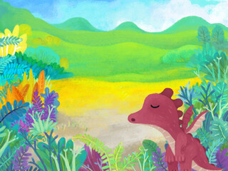 cartoon scene with forest jungle meadow wildlife with dragon dino dinosaur animal zoo scenery illustration for children © honeyflavour