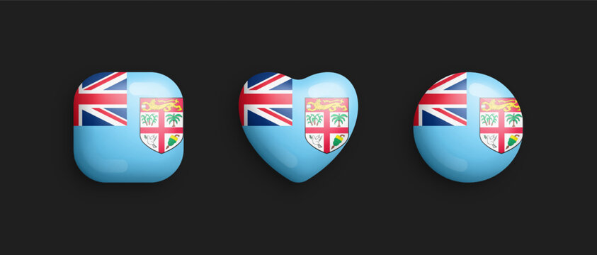 Fiji Official National Flag 3D Vector Glossy Icons In Rounded Square, Heart And Circle Shape Isolated On Black Background. Fijian Sign And Symbols Graphic Design Elements Volumetric Buttons Collection
