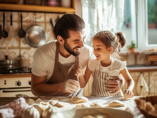 Happy father and daughter sharing a moment of joy in the family kitchen, preparing dough with flour, cooking together with complicity - obrazy, fototapety, plakaty