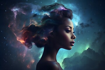 Beautiful woman with curly hair in the space. 3d rendering