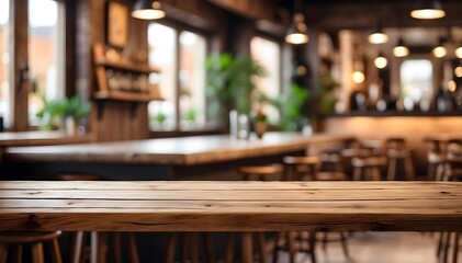 Empty wooden table and blurred background of coffee shop or restaurant. For product display