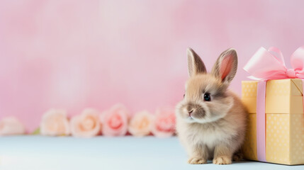 Obraz premium illustration of a cute easter bunny with a small present