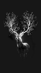 An elegant stag with antlers that branch out like delicate filigree, illuminated in silvery white against a pitch-black background. Minimalist Smart Phone Wallpaper