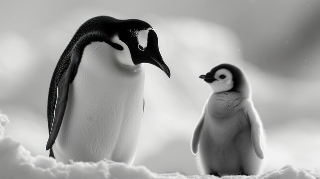  a black and white photo of a penguin and a baby penguin standing in the snow, with one penguin looking at the other penguin's face in the same direction.