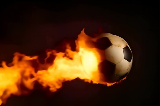 Flaming soccer ball on black background, sports and football concept.