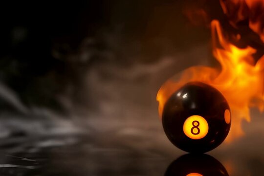 Snooker 8 ball and flames on black background, business and competition concept.