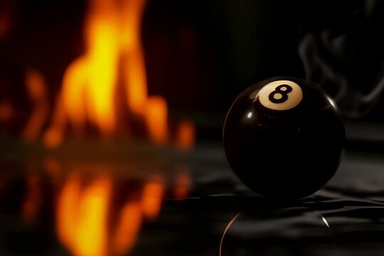 Snooker 8 ball and flames on black background, business and competition concept.
