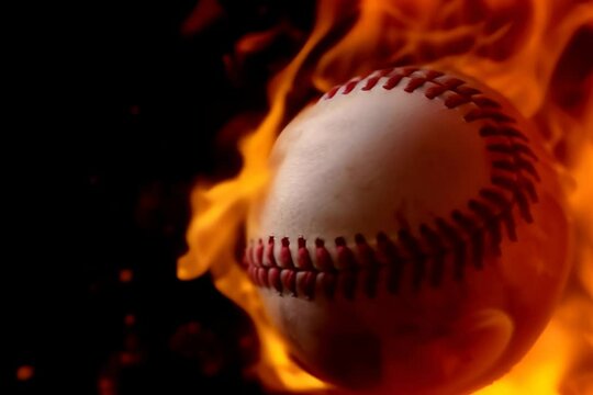 Baseball ball thrown into flames on black background, sports and leisure concept.