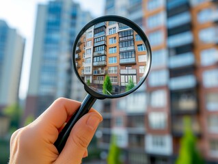 Searching new house for purchase. Rental housing market. Magnifying glass near residential building.
