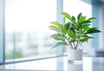 A plant in a vase on a table in front of a window. Generative AI.