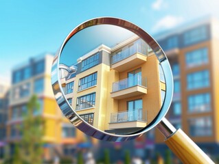 Searching new house for purchase. Rental housing market. Magnifying glass near residential building.
 - Powered by Adobe