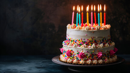white birthday cake with colorful sprinkles with candles on a dark background with free space with place for text