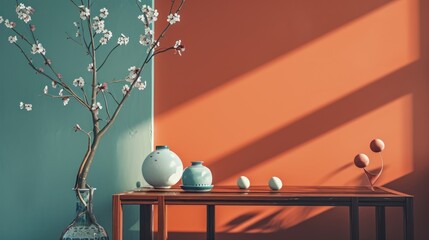  a vase sitting on a table next to a vase with flowers on it and another vase with flowers on it next to a table with a vase with flowers on it.