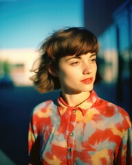 A woman with red hair and a tie dye shirt. Generative AI.