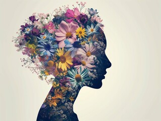 Woman silhouette made of blooming flowers. Abstract female portrait with flowers in her head. Unity with nature