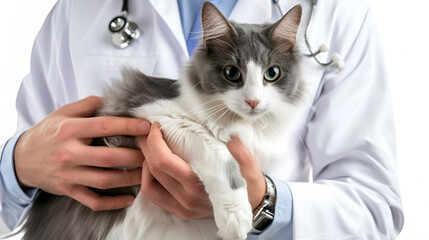 banner for veterinarian's day, a veterinarian in a white coat holds a cat in his arms, with space for text