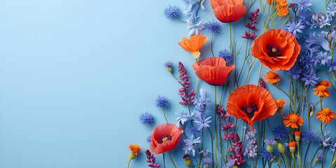 Vibrant summer flowers on pastel blue background, perfect for mother's day or birthday greeting card. AI digital design with copy space for text.